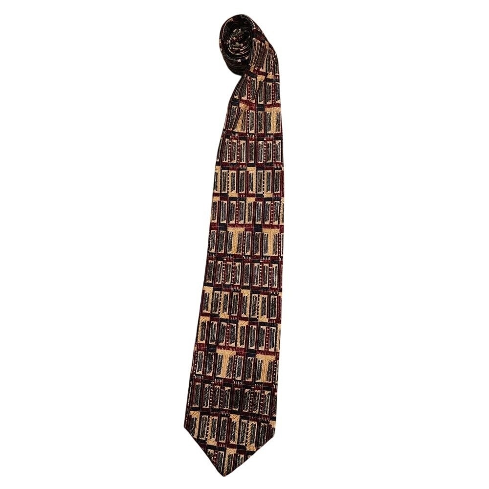 XMI Abstract Geometric Necktie - Burgundy, Gold, Black‎ - Business
